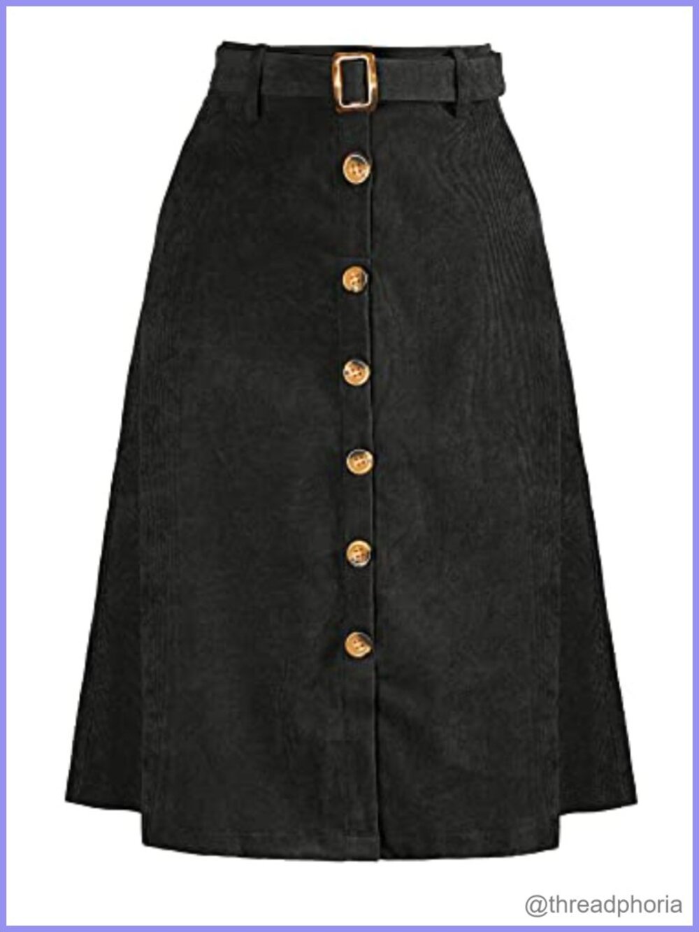 Corduroy A-Line Midi Skirt High Waist Button Front Belted